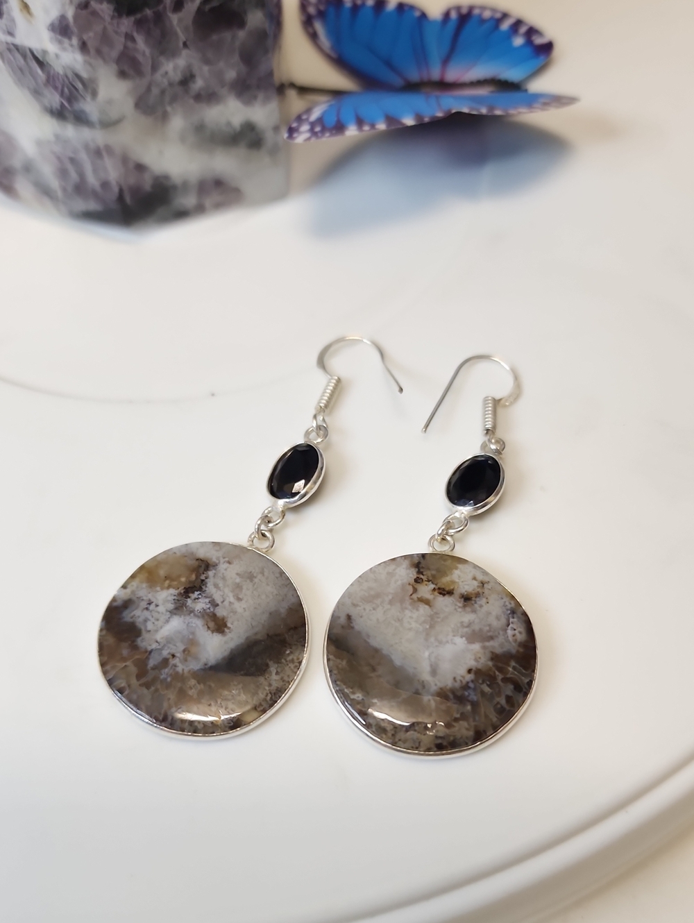 Natural Stone Drop Earrings with Black Accent